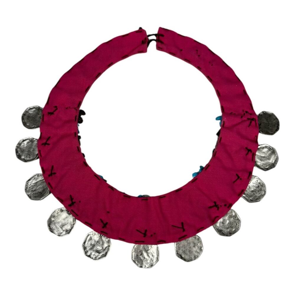 Boho Beaded Fabric Collar Necklace Embellished Coin Multicolor Pink Festival - Picture 6 of 7